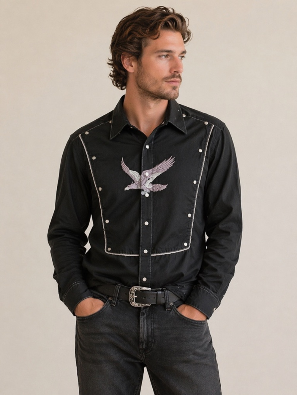 Rockmount Ranch Wear VTG Tru-west Pearl Snap Embroidered Eagle Bib Short Men M